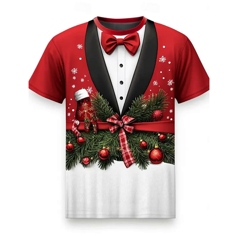 ต้นคริสต์มาสเกล็ดหิมะแฟชั่นผู้ชาย3D พิมพ์เสื้อยืดแขนสั้นคอกลมผู้ชายด้านบน