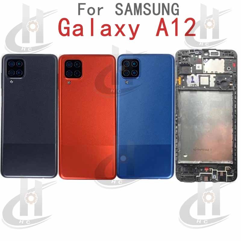 สําหรับ Samsung Galaxy A12 A125 แบตเตอรี่ฝาหลังกรอบกลาง + ปุ่ม + กรอบด้านหน้า LCD + เลนส์กรอบกล้อง