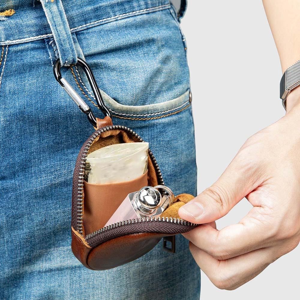 Wellnessspot Elliptical Zipper Pouch, Mini Retro Oil Wax PU Wallet, Key Ring Zipper Anti-loss Waterproof Mens Coin Purse ทุกวัน