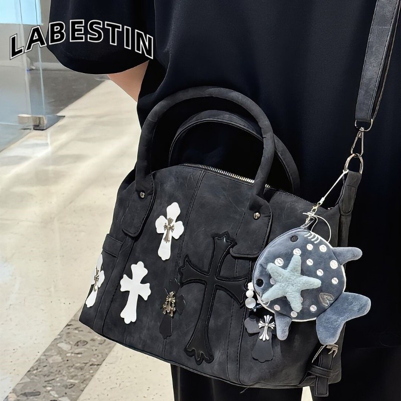 LABESTINกระเป๋าสตรีกระเป๋าสะพายข้างโลหะประกบขาวดำ