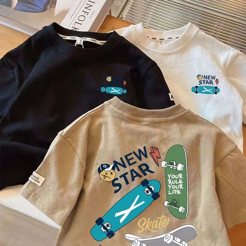 (จัดส่งตลอด 24 ชั่วโมง)(1-14y) การ์ตูนพิมพ์ผ้าฝ้ายเด็กแขนสั้นเสื้อยืดแฟชั่นเกาหลีเด็กสวมใส่