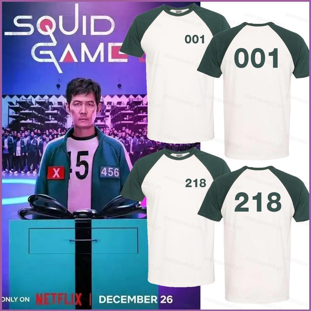 Ellen Squid Game Season 2 กีฬาสวมใส่หมายเลข 456 001 เด็กผู้ใหญ่เสื้อยืดคอสเพลย์ผ้าแขนสั้นด้านบน