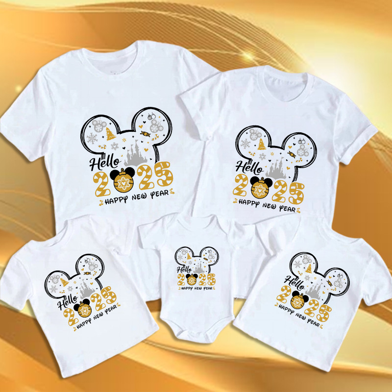 ปีใหม่ครอบครัวเสื้อยืดจับคู่ท็อปส์2025สวัสดีปีใหม่ทารกแรกเกิดตลกแขนสั้นบอดี้สูท นิวบอร์น ของขวัญ