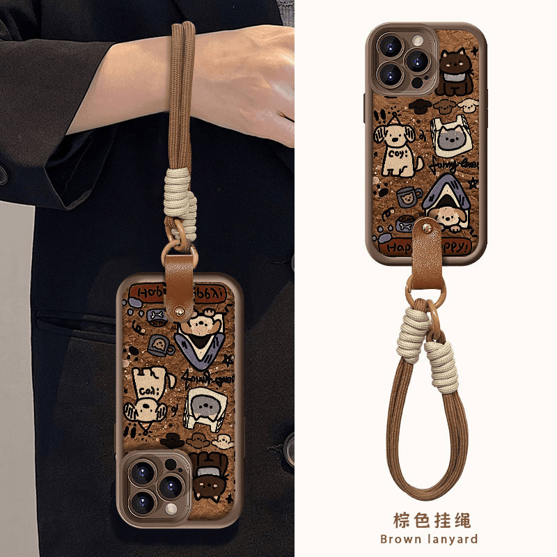 เหมาะสําหรับ IPhone 11/12/13 ProMax บุคลิกภาพความคิดสร้างสรรค์ X/XR/XSMAX ใหม่เคสโทรศัพท์ IPhone 7/8 Plus Soft Case IPhone 14/15 Pro ฤดูใบไม้ร่วง/ฤดูหนาวสุนัขภาพวาดสีน้ําตาลมือเชือก