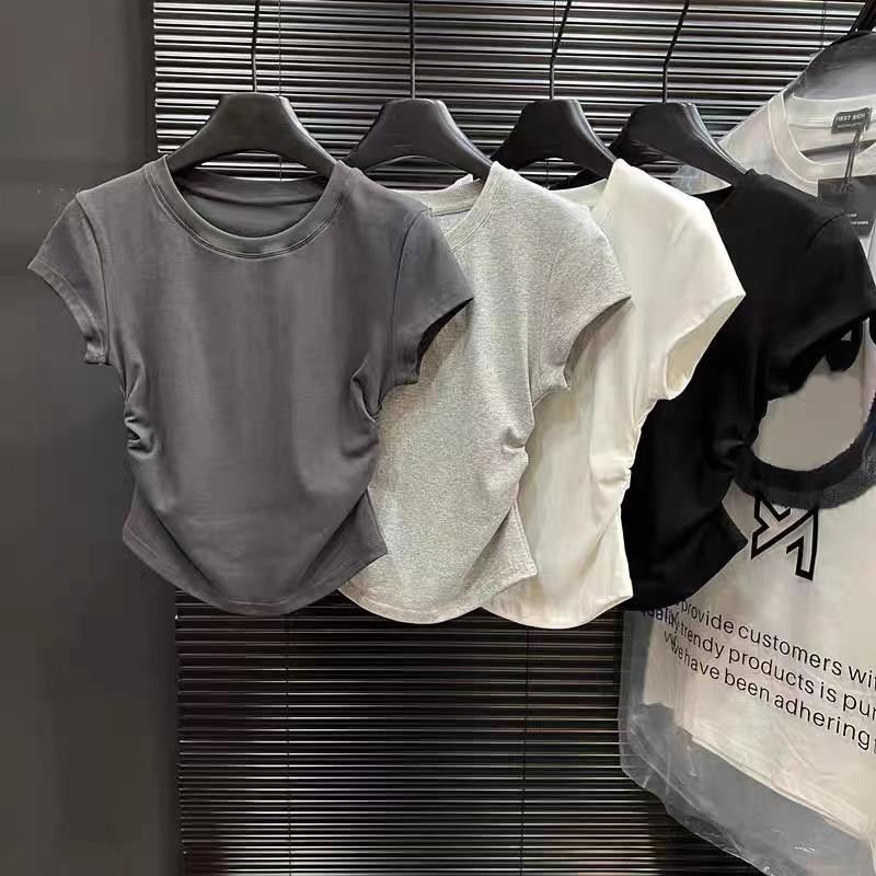 พร้อมส่งจากกทมเสื้อยืดผู้หญิง เสื้อยืดสวยๆผู้หญิงเสื้อรัดรูปเสื้อยืดแขนสั้นคอกลมสไตล์เกาหลีจับจีบด้านข้างClothing Lady