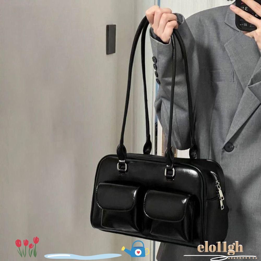 Elo11 Satchel Hobo Bag, กระเป๋าสะพายข้างสีทึบความจุสูง, กระเป๋าสะพายแฟชั่น PU Retro