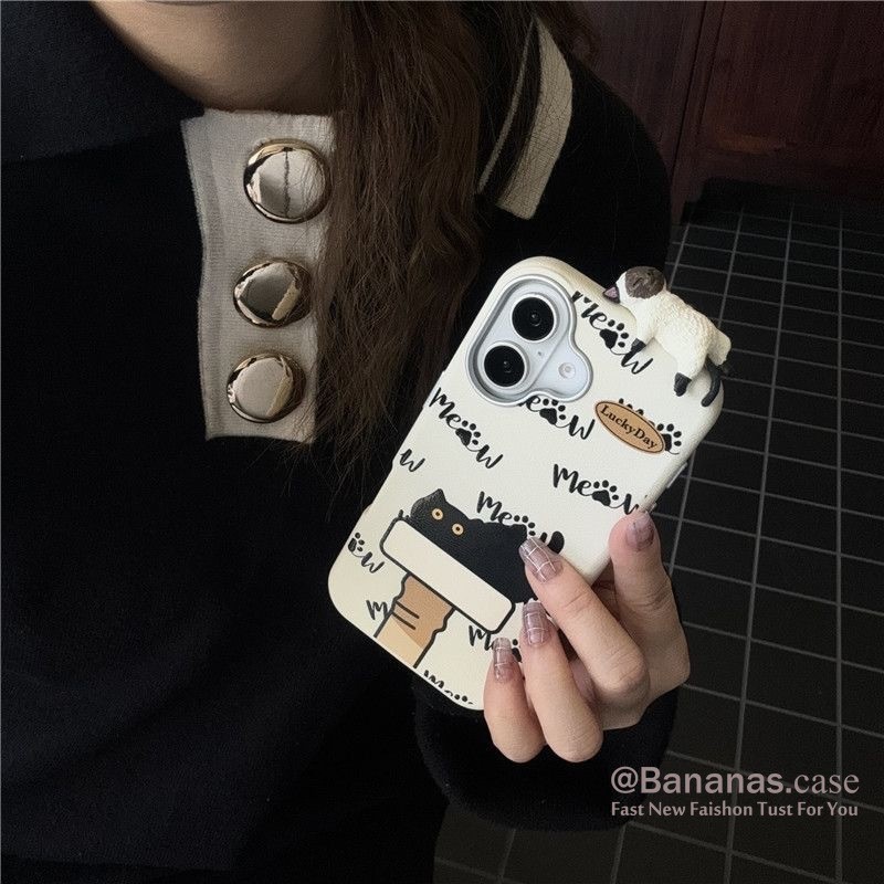 Iphone 16 15 14 13 12 11 Pro Max X Xr Xs Maxเคสโทรศัพท์Ins 3D DIYการ์ตูนขี้เกียจแมวดําปกหนัง