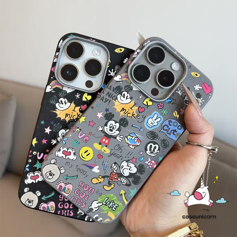 Art การ์ตูน Mickey Mouse น่ารักภาพวาดสีคู่สําหรับ IPhone 11 14 15 12 16 13 Pro Max XR XS Max X 14 16 15 Plus โลหะหรูหราเลนส์กรอบหนังกรณี