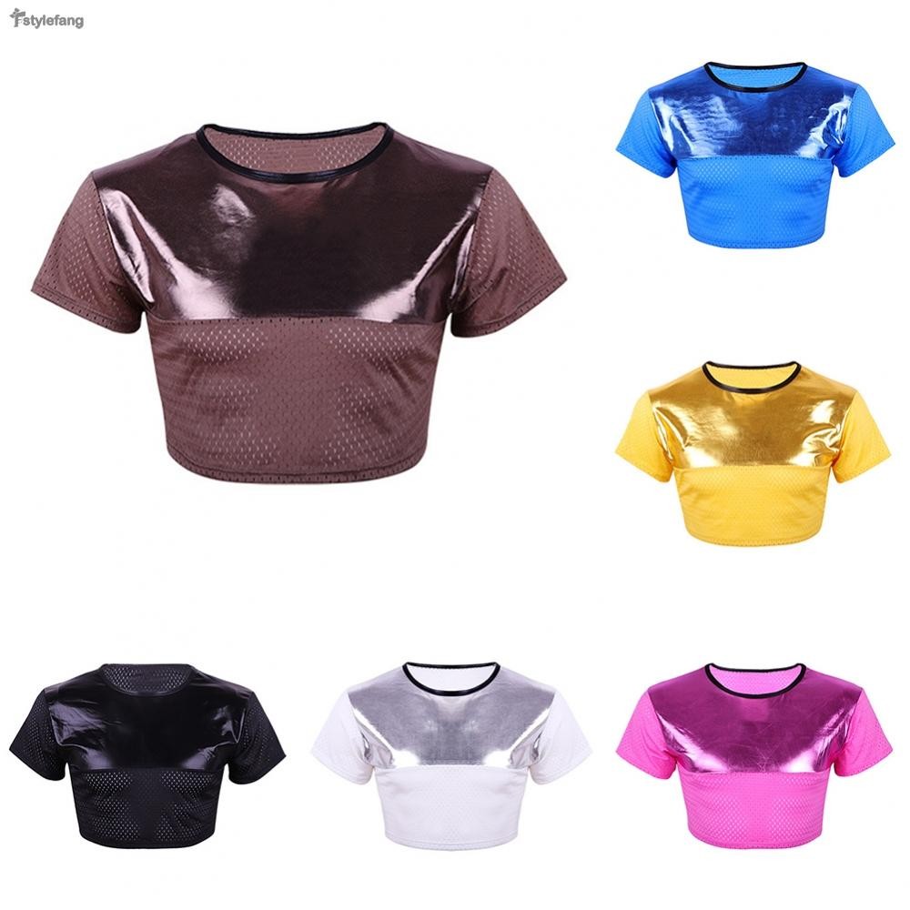 Mens Clubwear เสื้อกล้ามครอปมันเงาแขนสั้นอินเทรนด์สไตล์แฟชั่น