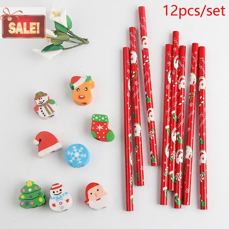 Bl 12 ชิ้นธีมคริสต์มาสดินสอ Merry Christmas ดินสอยางลบ Topper ดินสอคริสต์มาสโปรดปราน Xmas ดินสอสุ่ม A