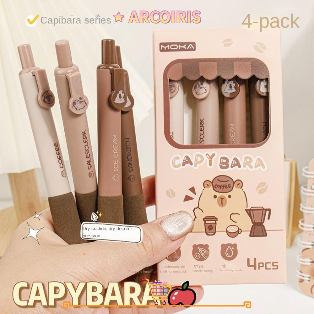 Arcoiris 4 ชิ้น/ล็อตกดปากกาลบได้, 0.5 มม.Soft Touch Grip Capybara ปากกาเจล, การ์ตูน Water Drop Gradient การเขียนเครื่องเขียน Quick-drying ปากกาสีดําโรงเรียน