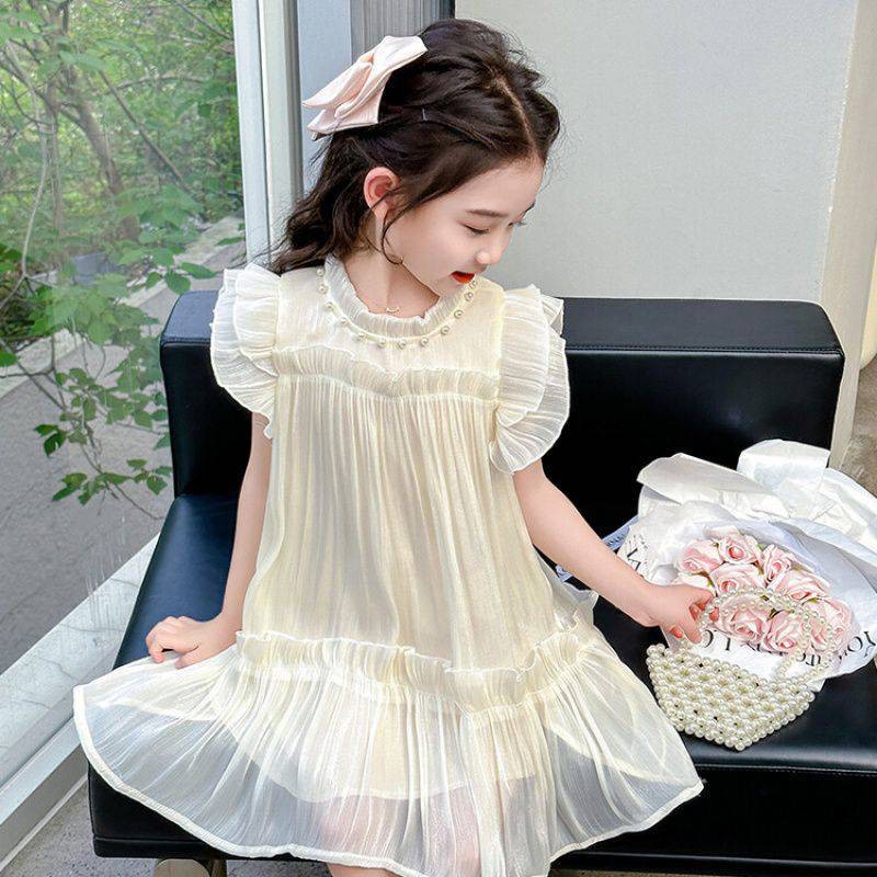 (พร้อมส่ง)ชุดเด็กผู้หญิง สีครีมอ่อน เดรสกระโปรงชุดออกงานได้ ผ้าดีมากสวย