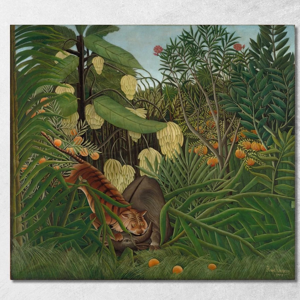 Fight Between A Tiger And A Buffalo Henri Rousseau, hrs6 ภาพพิมพ์บนผ้าใบแคนวาส