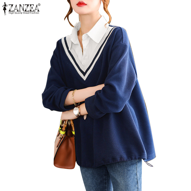 Zanzea ผู้หญิงเกาหลี Turn-Down-Collar แขนยาวปุ่ม Patchwork Pullover Sweatshirts
