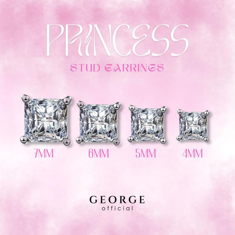 ต่างหูเงินแท้ฝังเพชรสวิตสี่เหลี่ยม Princess(CZ) S925 ต่างหูเพชร เงินแท้ มินิมอล ทองคำขาว / ทองคำ 18K