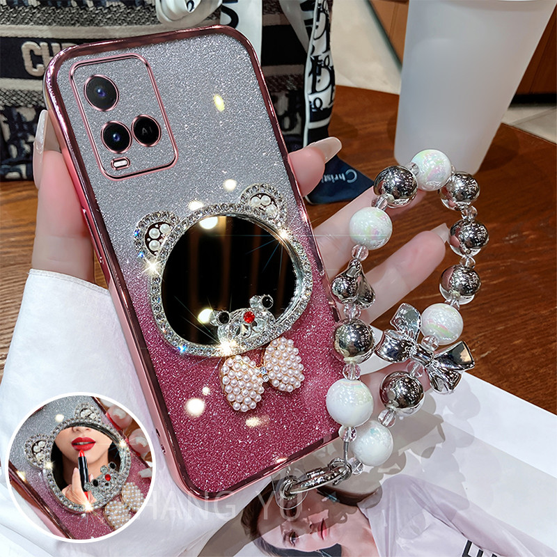 กันกระแทกcase สําหรับ Vivo Y21 Y21S Y33S 4G Y21A Y21T เคสโทรศัพท์หมีแต่งหน้ากระจกใหม่สร้อยข้อมือเคสโทรศัพท์ ราคา ถูกที่สุด ดีลบีเคเค รูปภาพหลัก