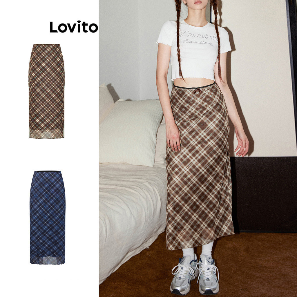 Lovito กระโปรงทรงแยก ลายตาราง สองชั้น สำหรับสตรี L58AD073 (หลากสี)