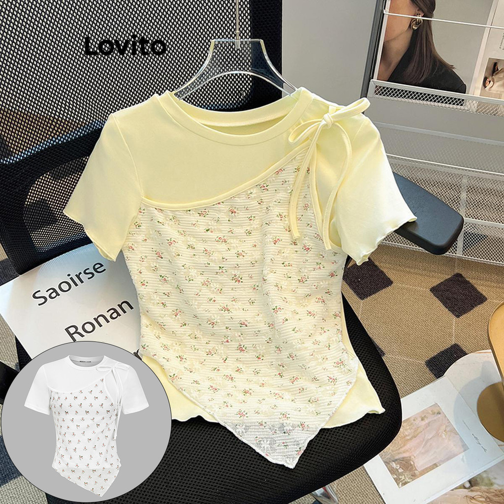 Lovito เสื้อยืดผู้หญิง ลายดอกไม้ เย็บแต่งหลอกสองชั้น สไตล์ลำลอง LNA59487(หลากสี)