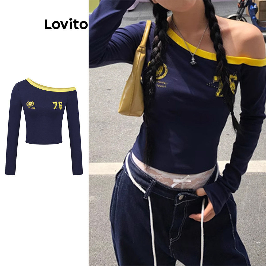 Lovito เสื้อยืดไหล่เย็น สีบล็อกลำลองธรรมดาสำหรับผู้หญิง LAD106799