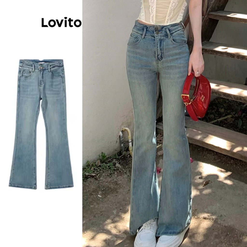 Lovito กางเกงยีนส์ผู้หญิง มีกระดุม มีซิป สีพื้น สไตล์ลำลอง LNE55050