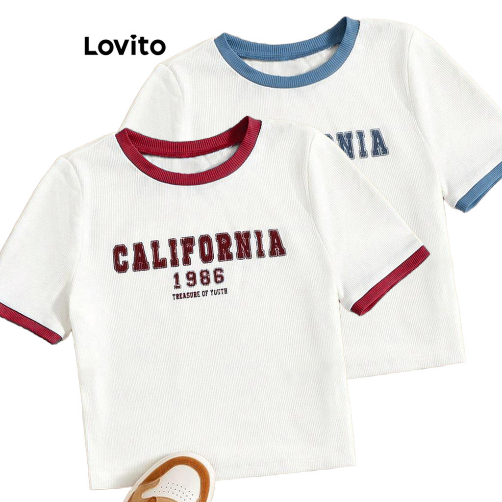 Lovito เสื้อยืดผู้หญิง ลายตัวอักษร แต่งขอบสี สไตล์ลำลอง L90AD011(หลากสี)