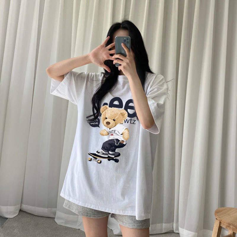 เสื้อยืดคอกลม-แขนสั้น OVERSIZE t-shirt พิมพ์ลายหมี เสื้อยืดหมี สตรีทแฟชั่นเท่ๆ ผู้ชาย เสื้อเมกา สีพื้น สีขาว-ดำ - รูปที่ 5