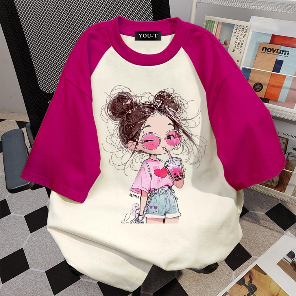 Basi เสื้อทูโทน เสื้อยืด oversize สาวอวบ น่ารักมาก สไตล์เกาหลี ผ้าคอตตอน100% ใส่สบาย ลาย Girl