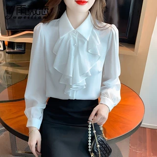 ฝรั่งเศสฤดูใบไม้ผลิฤดูใบไม้ร่วงสไตล์ใหม่สีขาว Lace-Up Bow เสื้อแขนยาวแฟชั่นอารมณ์ Simple All-Match Slim-Fit Age-Reduction สุภาพสตรีแฟชั่นด้านบน
