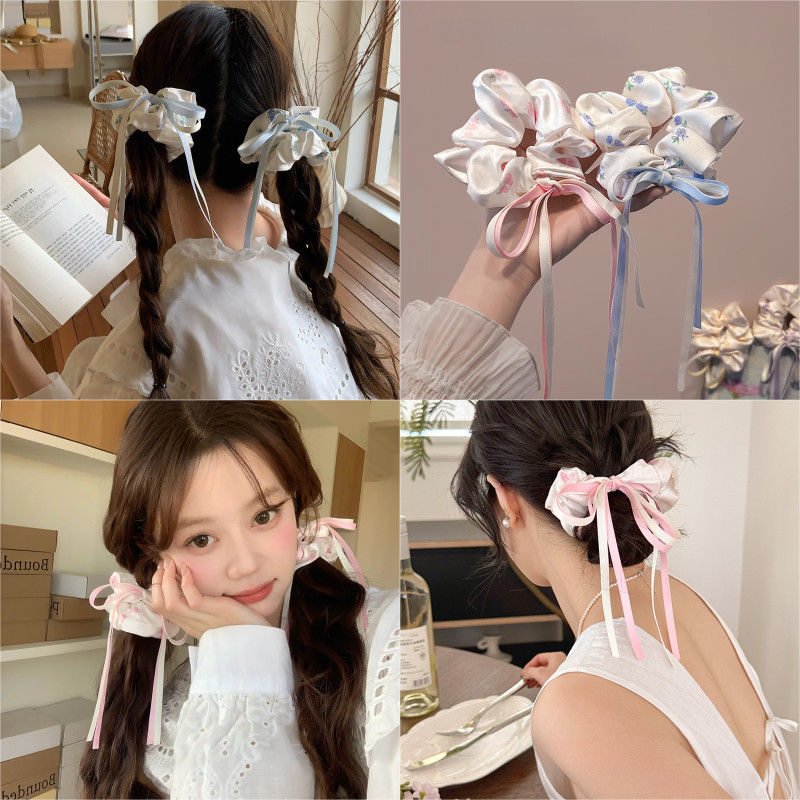 ดอกไม้พิมพ์ Bowknot ริบบิ้นเชือกผมผม Scrunchies เครื่องประดับผม