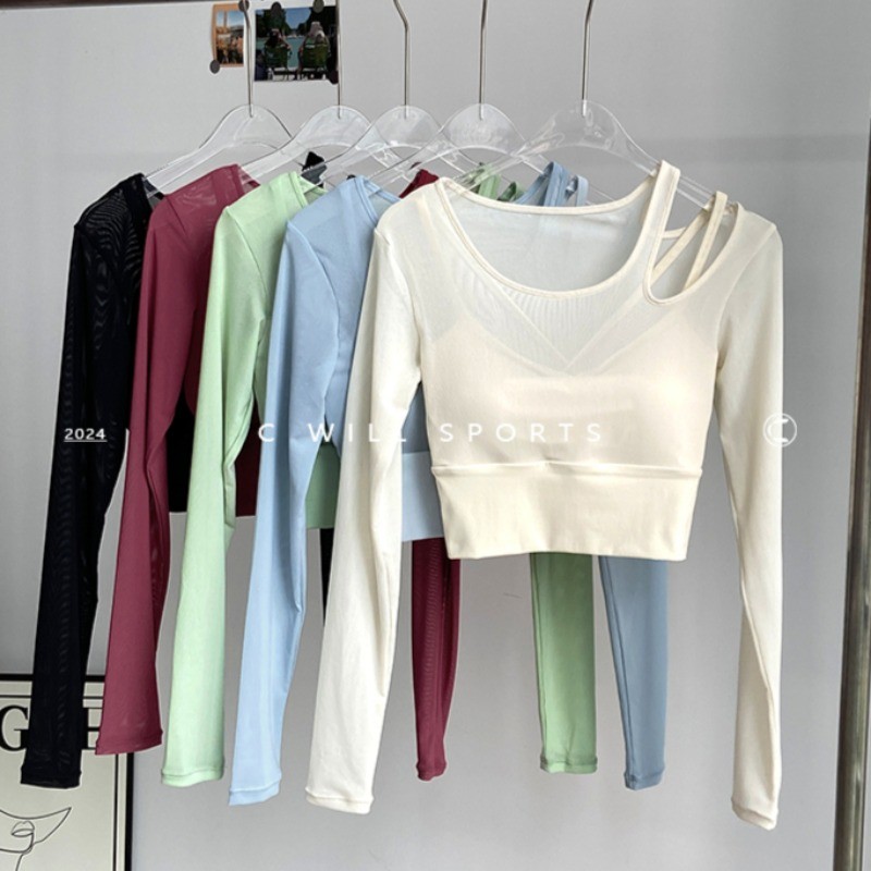 MAGIEYOGA(เบาะคงที่) เสื้อกีฬาเซ็กซี่ตาข่ายกว้าง Hem แขนยาวโยคะเต้นรํา Crop Top