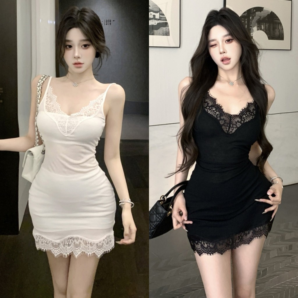 🌜Soroh🌛ชุดมินิเดรส คอวี สายเดี่ยว แต่งลูกไม้ ผ้าไหมพรม เข้ารูป⭐ชุดเดรสสั้น สวยๆเก๋ๆ เซ็กซี่🌟#Y0916