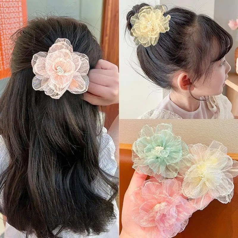 เครื่องประดับผมสําหรับเด็ก-คลิปด้านข้างลายดอกไม้สําหรับหน้าม้าและหางม้าที่คาดผมเด็กผู้หญิงแบบปรับได้พร้อมกิ๊บดอกไม้กิ๊บติดผมส