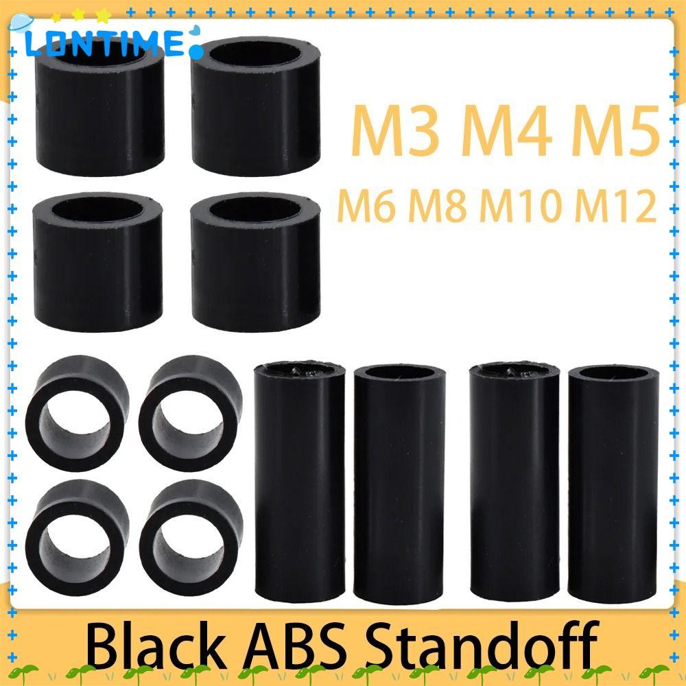 LONTIME 10 ชิ้น/แพ็ค ABS Spacer, M3-M10 Non-Threaded Hollow Standoff, บอร์ด PCB สีดํารองรับรอบเครื่องซักผ้าไนลอน