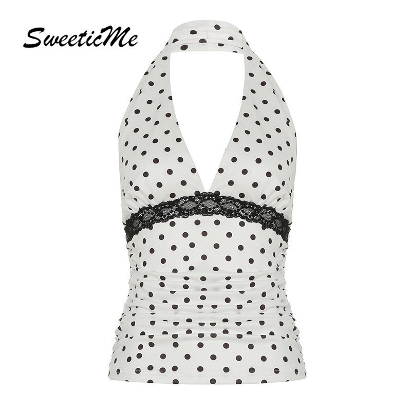 SweeticMe Womens 2025 แฟชั่นใหม่ลายจุดเชือกแขวนคอสลิมฟิตทุกการแข่งขันเสื้อกล้ามสายเดี่ยว