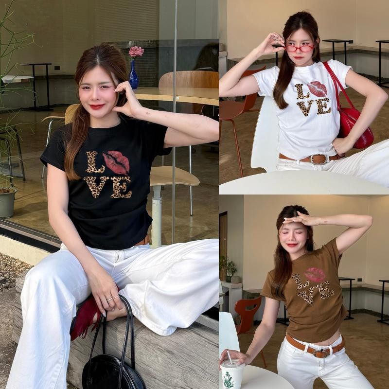 เสื้อยืดจั๊มข้าง สกรีนลายเสือ ผ้ายืดยูนิ  สายคาเฟ่ มินิมอล ต้องมี ผ้ายืดเยอะมาก สาวอวบใส่ได้ ผ้านิ่มใส่สบาย