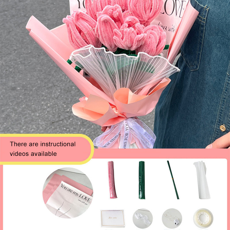 DIY Handmade สีสันหนาแน่น Fuzzy Wire Bouquet วัสดุแพคเกจประดิษฐ์ดอกไม้วาเลนไทน์วันเกิด FesttivaL