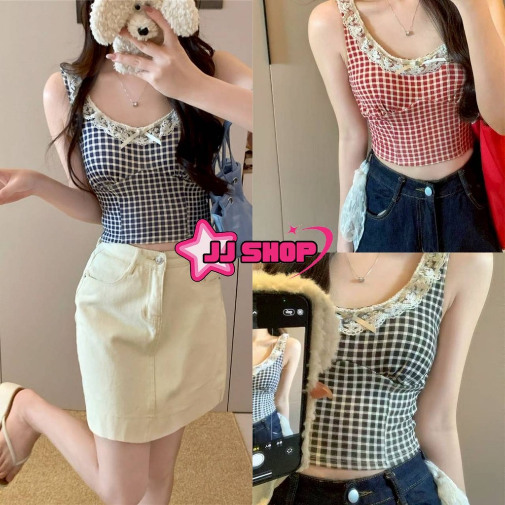 JJ Shop​💜​พร้อมส่ง เสื้อกล้าม ลายสก๊อต น่ารักๆ สีสดใส มีฟองน้ำ แต่งลูกไม้ "FY10103"