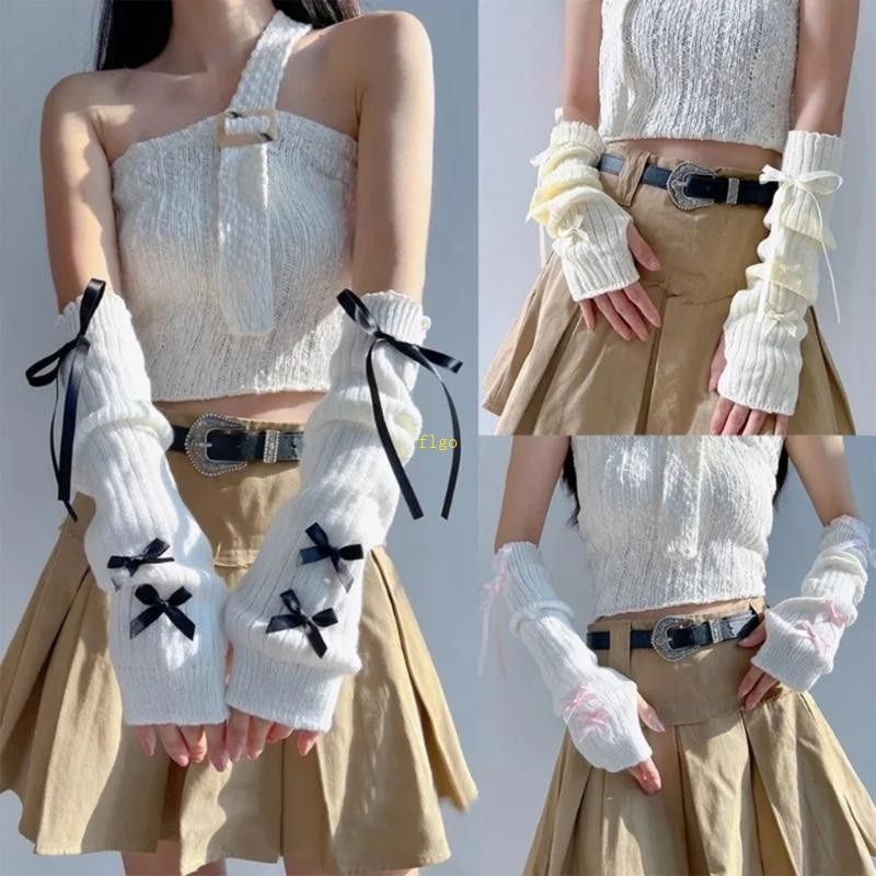 Flgo Bowknot Arm Sleeves Arm Warmer สําหรับผู้หญิงถุงมือถักสีทึบสวมใส่ทุกวัน