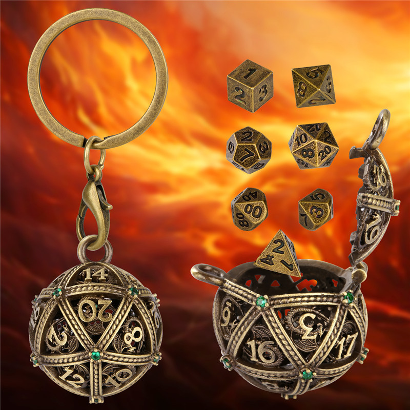 7pcs Tiny Polyhedral Metal Dice Set Table Board Role Play Gaming Accessory Pendant Round D20 Case Green Crystal Deco with Key Ring Necklace Chain