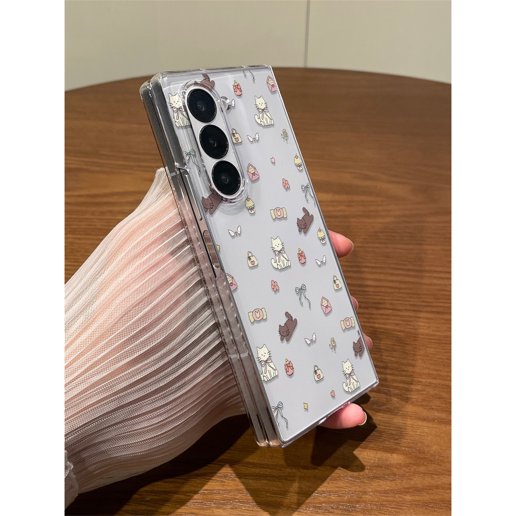 น่ารักเต็มหน้าจอ Cat Kitty โปร่งใสสําหรับ Galaxy Z พับ 5 6 Z Fold6 Fold5 Zfold5 Zfold6 Z พับ 5 Fold4 Fold7 กันกระแทก Clear แบบพกพาปกหลัง - รูปที่ 3