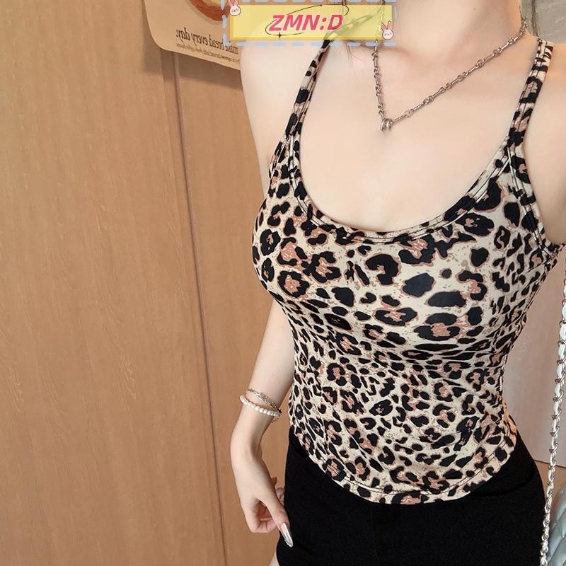 ใหม่wellknowngreat Retro เซ็กซี่เสือดาวพิมพ์ Halter คอแขนกุด Slim Camisole สําหรับผู้หญิง RRT
