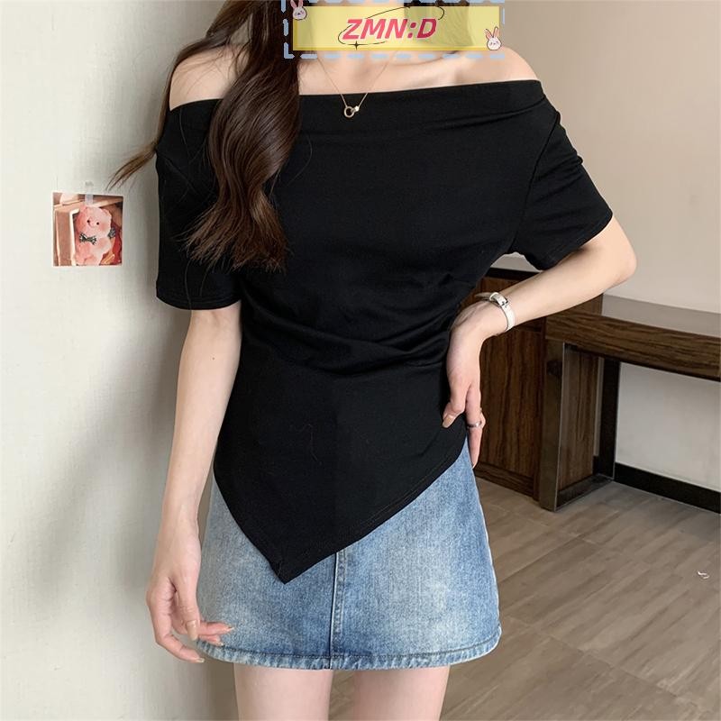Newwellknowngreat เสื้อไหล่เดียวสําหรับผู้หญิงฤดูร้อนเกาหลี Slim-fit Off-shoulder Hem ไม่สม่ําเสมอไห