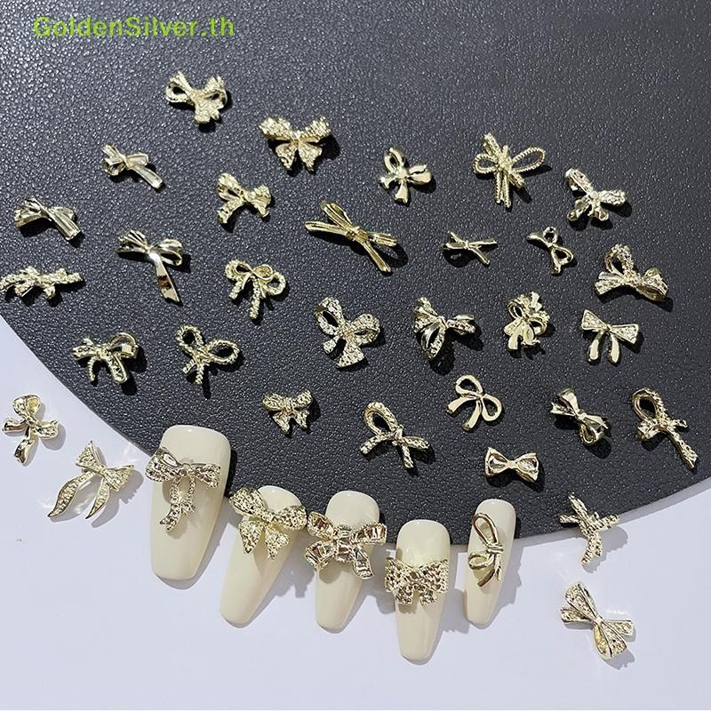 Goldensilver 10 ชิ้น Kawaii โบว์เล็บ Ch 3D โลหะผสม Bow Tie เครื่องประดับเล็บ Rhinestone ตกแต่ง DIY อุปกรณ์เสริม TH