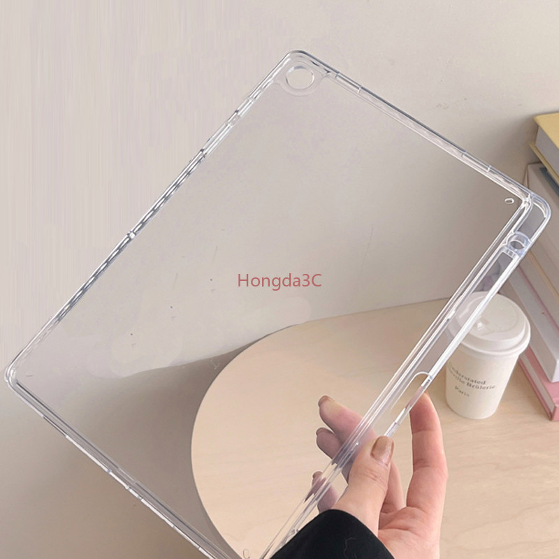 กรณีโปร่งใสสําหรับ Samsung Galaxy Tab S10 Lite FE S9 Plus A9 Plus S9FE A8 S6 Lite 10.4 Soft Edge สําหรับ Tab A9 + S7 FE กรณีแท็บเล็ตพร้อมที่ใส่ดินสอ TPU อะคริลิคปกหลัง