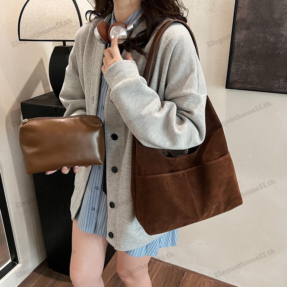 2 ชิ้น Women Suede Slouchy Hobo Bag withMulti-pocket Tote Bag for Travel (สีน้ําตาล)