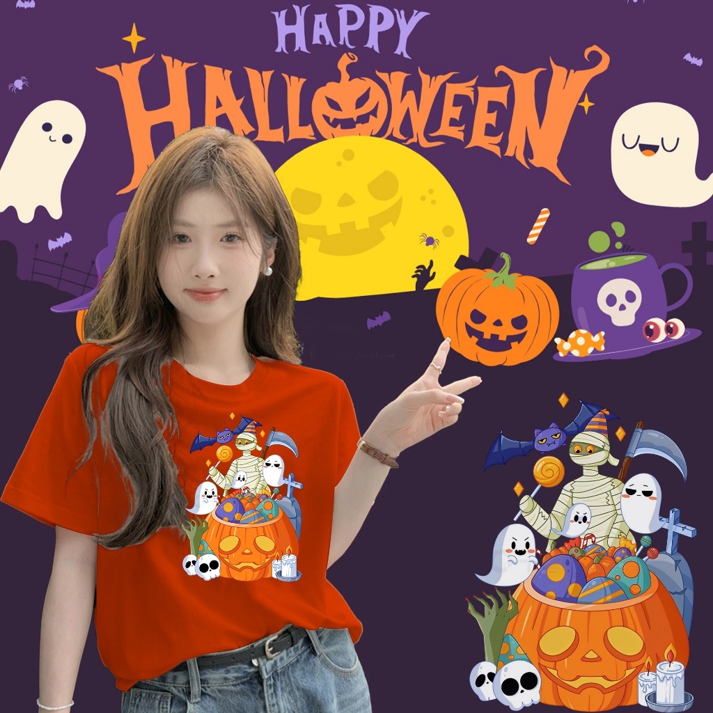 ปกติ✨[พร้อมส่ง] แขนสั้น Mummy&Halloween ผ้าฝ้ายคุณภาพสูง ไม่หดหรือยับ Happy Halloween unisex shirt_H