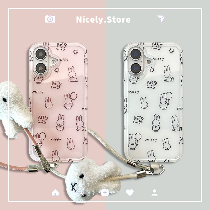น่ารัก Miffy กระต่ายจี้เคสโทรศัพท์สําหรับ iPhone 16 15 14 13 Pro Max 16Promax IMD พร้อมสายรัดข้อมือ Anti-scratch Mobile Casing