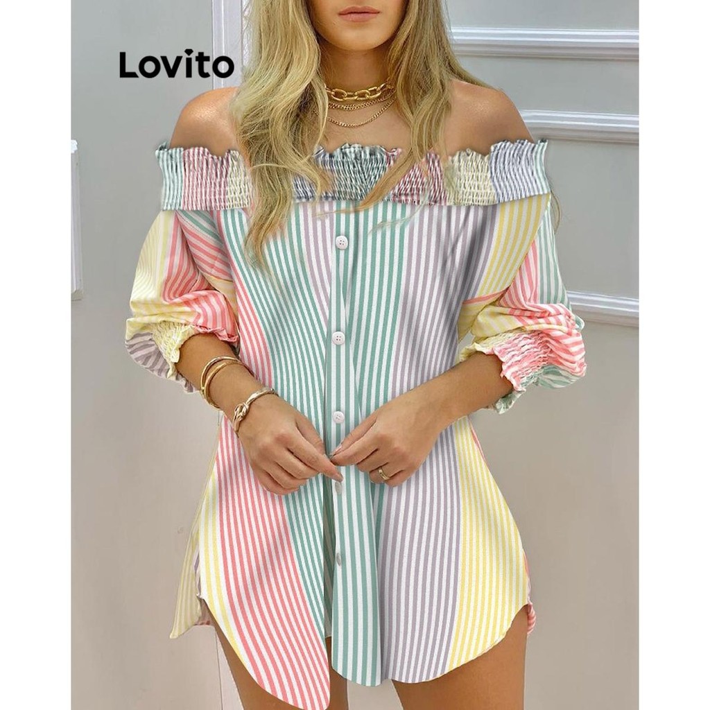 Lovito เสื้อเบลาส์กระดุมเรขาคณิตสำหรับผู้หญิง LNL72529