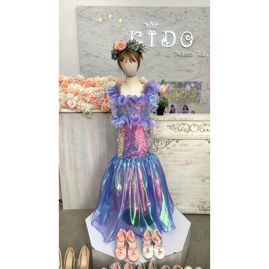 Kidoprincesskids ชุดนางเงือกเด็ก (ร้านอยู่รัชดา)ชุดออกงานเด็ก W19027 สีฟ้า หางปลา ผ้าวิ้งเล่นไฟ เมอร์เมดสวยเก๋