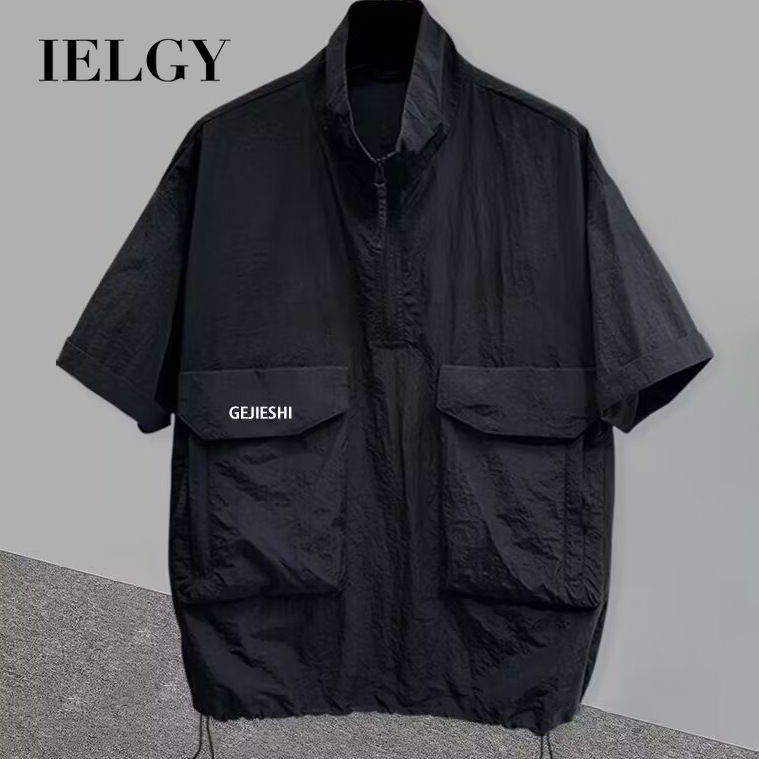 IELGY เสื้อยืดแขนสั้นคอปกแนวตั้งฤดูร้อนชุดทํางานหล่อกระเป๋าลําลองหลวมด้านบน